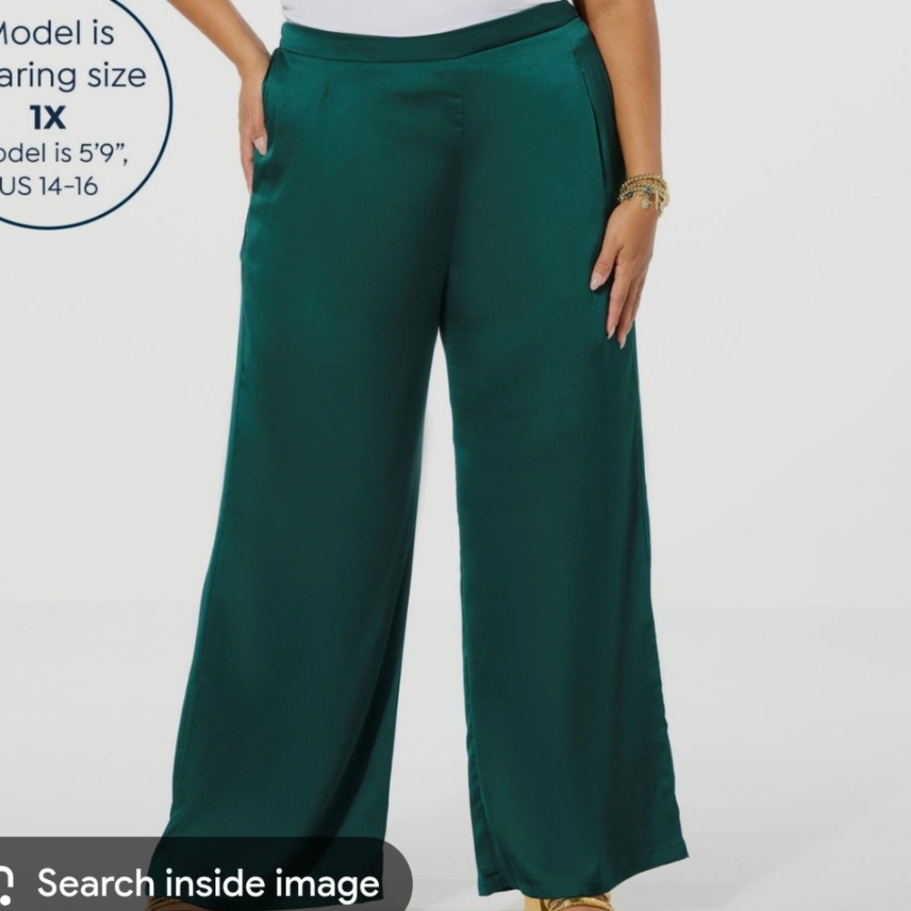 Nina Leonard 1x Womens Teal Hammered Satin Wide Leg Pants